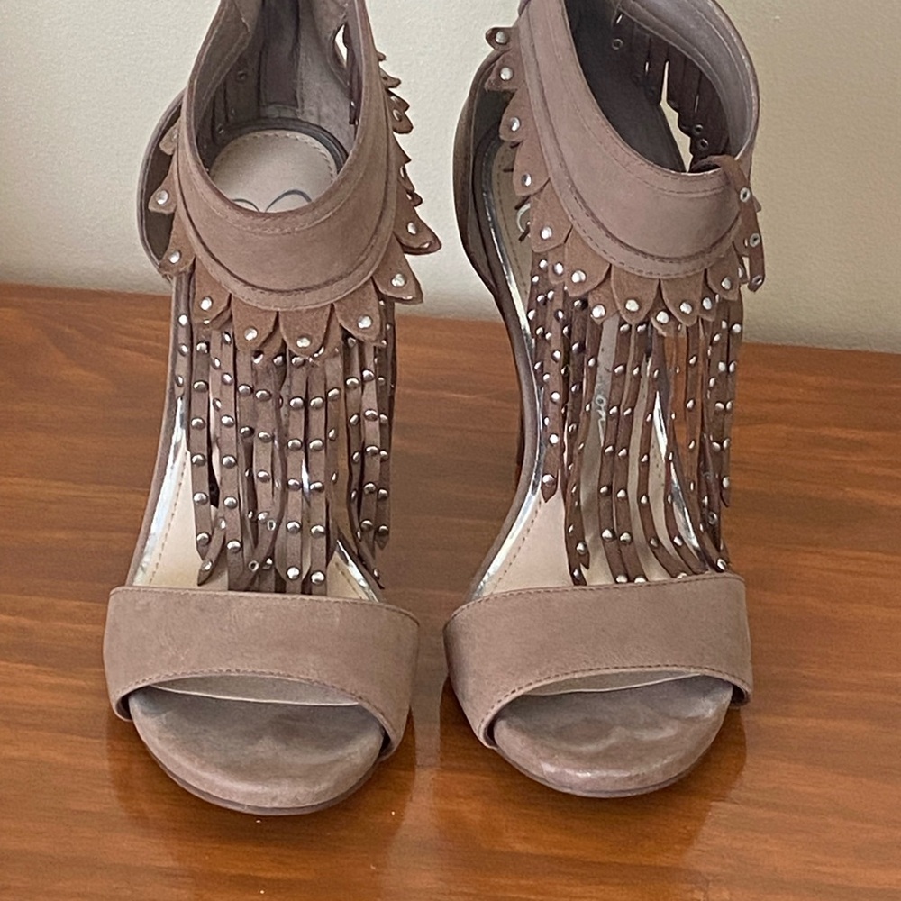 Fringe Studded Taupe Suede Women's Sandals